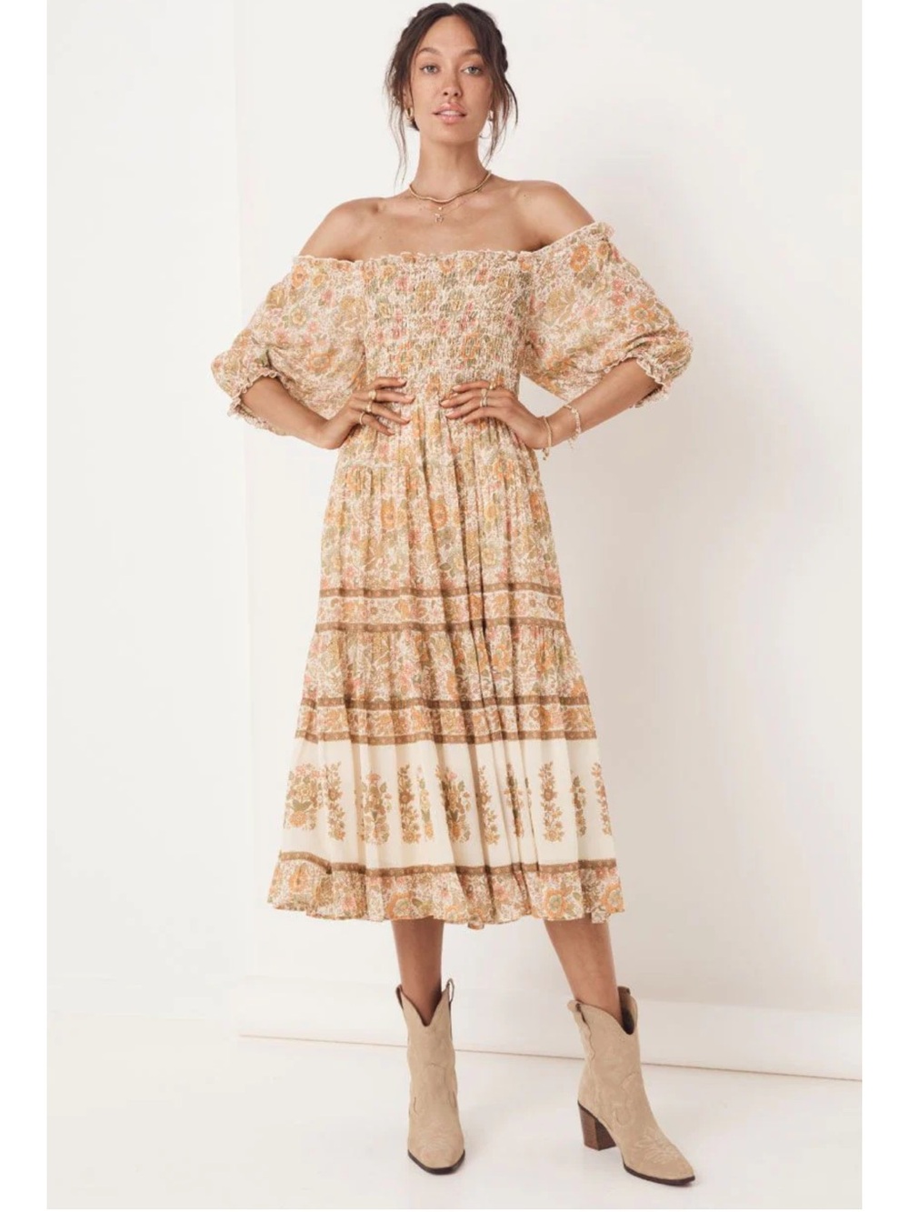 Boho Off-Shoulder Midi Dress in Cream and Tan